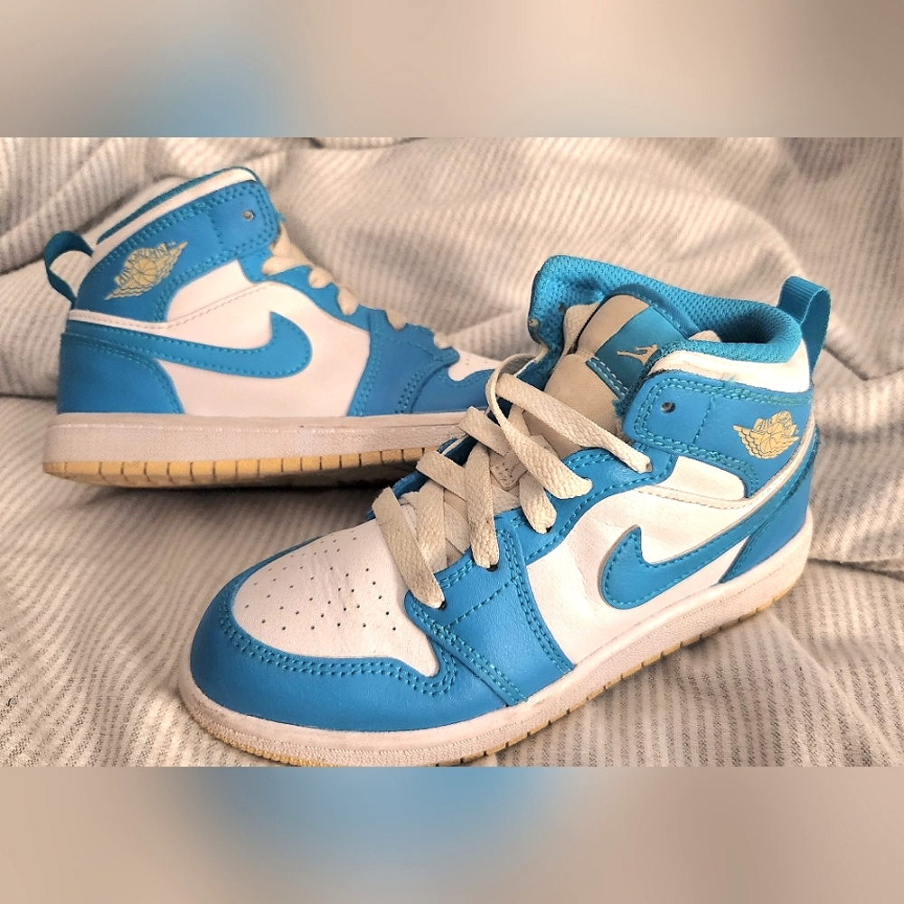 Nike Air Jordan 1  Mid- Aquatone/ Celestial Gold/White- Size 13 Kids